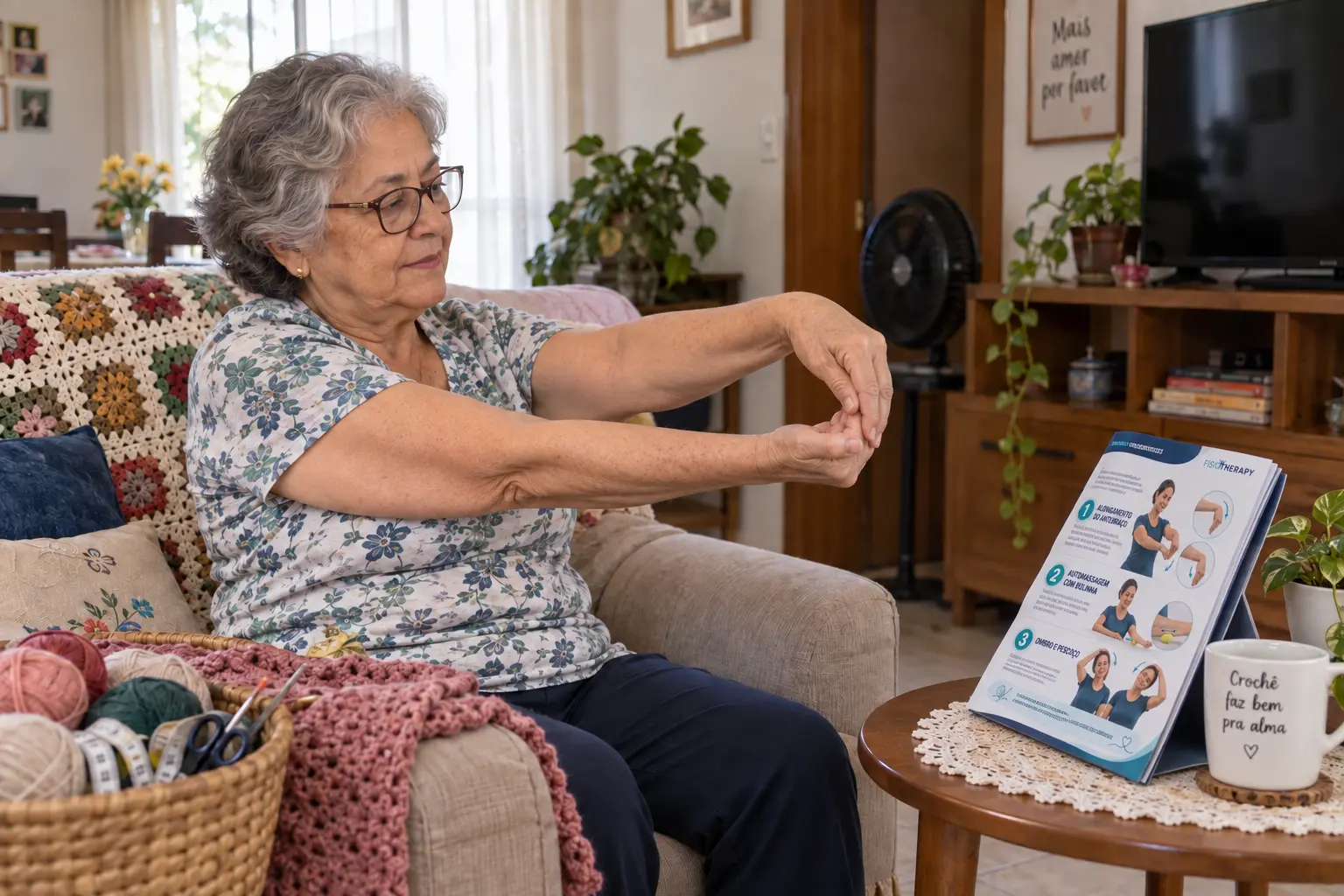 Mulher crochetando seguindo o protocolo, com a apostila ao lado